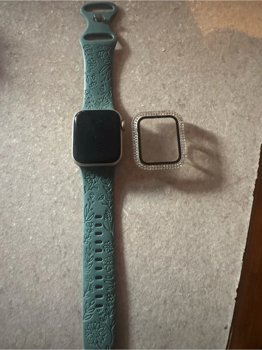 Apple Smartwatch with Teal Floral Silicone Band and Silver Rhinestone Bezel